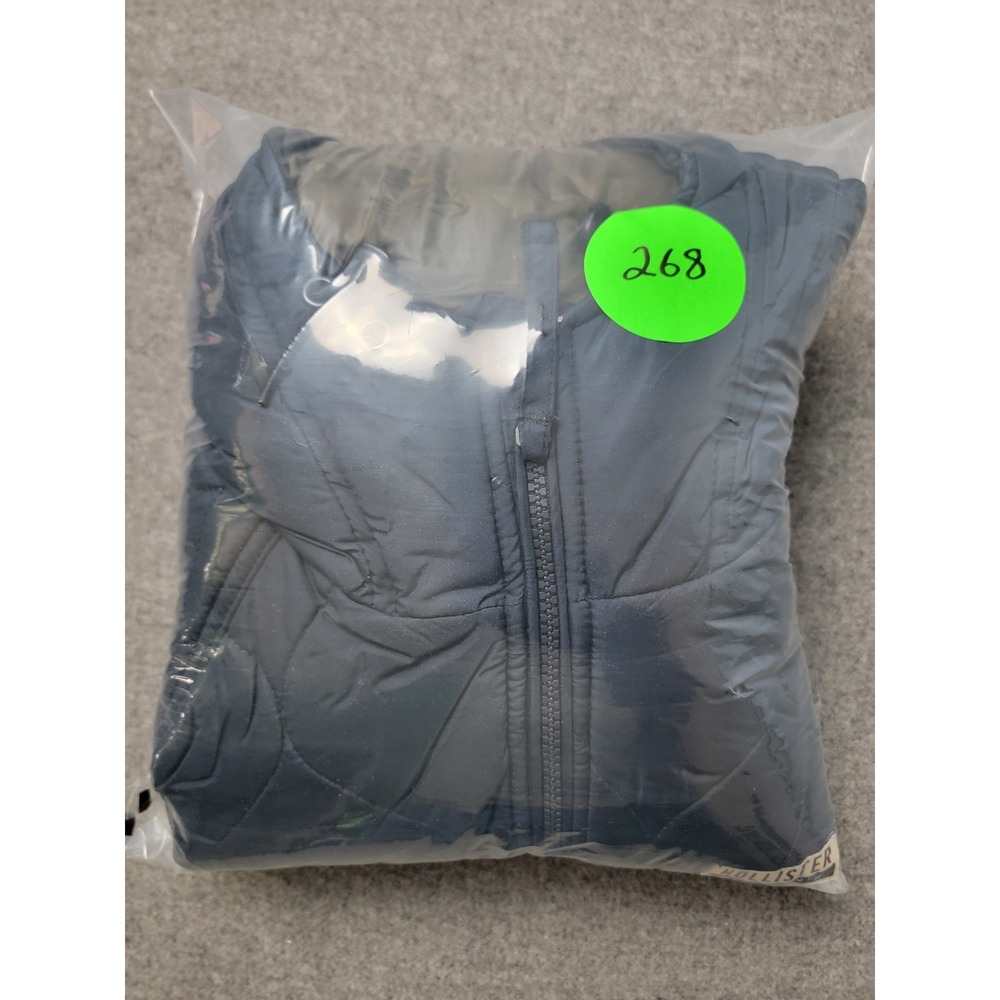 Hollister Diamond Quilted Puffer Jacket Mens Medium Navy Lined Hooded Full Zip - Picture 9 of 9